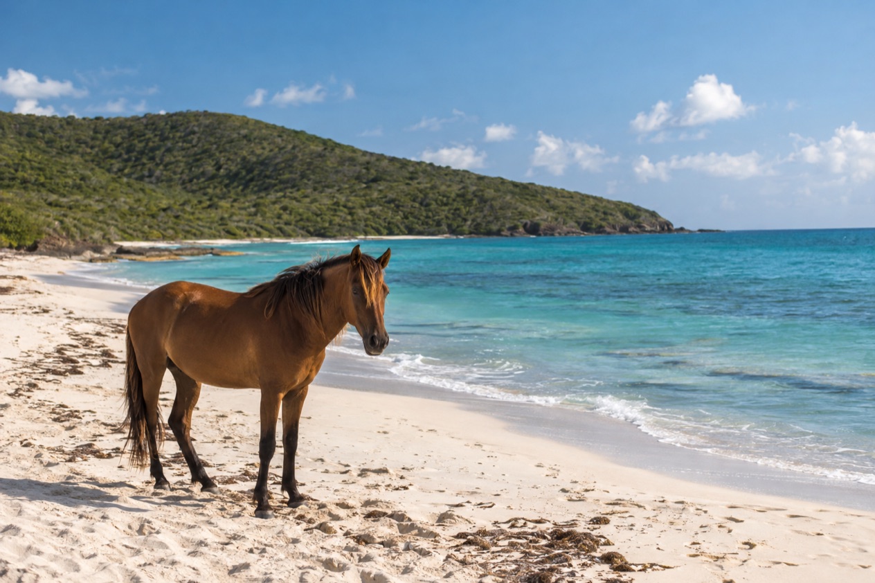 A wild horse on a quiet beach on Vieques in the drier season